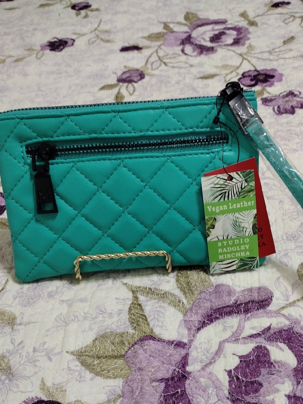 Badgley Mischka Teal Quilted Vegan Leather Wristlet Clutch